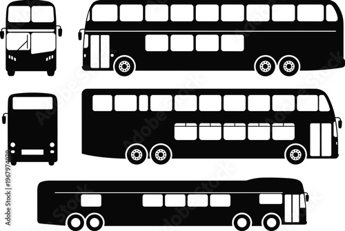 City bus silhouette set, front side and rear views vector illustration of public transport vehicles isolated clean design