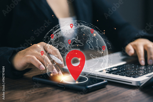 Global location tracking concept with digital map and GPS pin icons, mobile navigation system, logistics management, worldwide network, delivery tracking and geolocation technology.