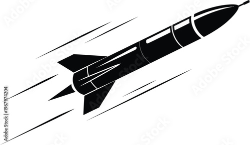 Rocket missile silhouette illustration, minimal black and white vector of high-speed space projectile used as military launch icon aerospace concept and defense symbol isolated.