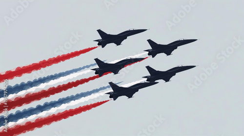 black fighter jets flying in tight formation against a clear, light night sky, leaving bold red, white, and blue smoke trails behind them