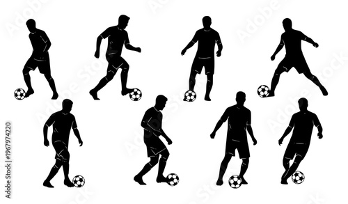 Soccer players dribbling football black silhouette vector set