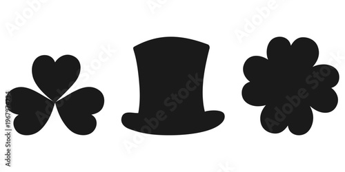 Silhouette of leprechaun hat and clover leaves with four and three petals St Patrick Day element Set. Vector illustration Sticker Icon St Patrick Day Related content, greeting cards, leaflets, banner