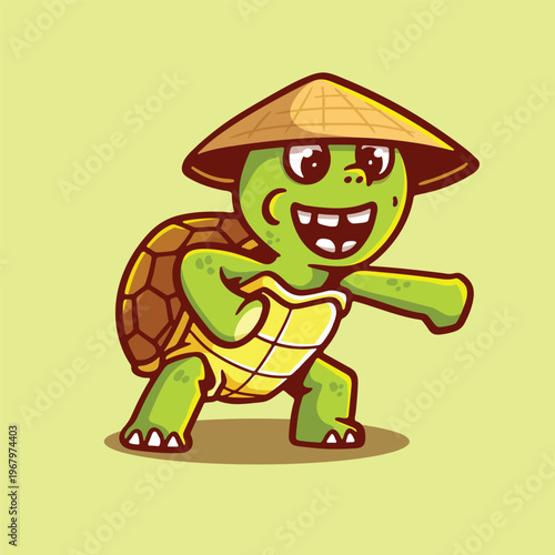 Cartoon kung fu turtle with a conical hat in a fighting pose