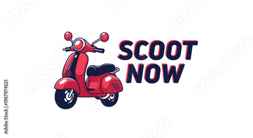 Red scooter illustration with Scoot Now text, perfect for transportation and travel.