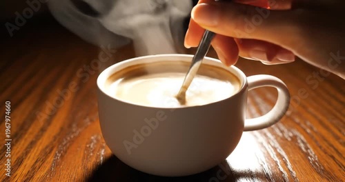 Close-up of a hand stirring a steaming cup of coffee on a wooden table in a cozy setting