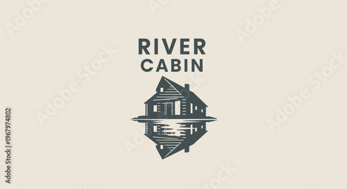 River Cabin Logo - A Detailed Illustration of a Lakeside Retreat and Reflection.