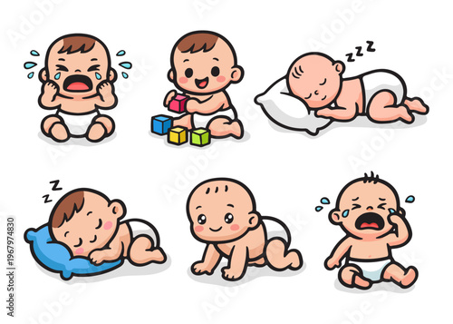 Collection of cute baby illustrations showing different emotions and activities