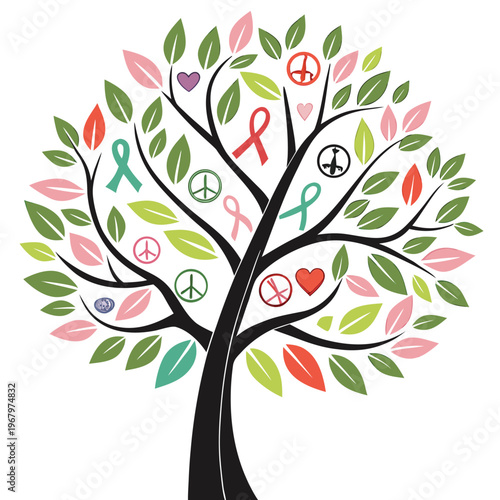 Tree of life with symbols of peace, health, and unity, awareness ribbon, social issues
