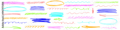 Smooth line in crayon texture, highlight crosses scribble, line joins pen, brush, underline, circle and chalk, crayon and highlight guide scribble flow.