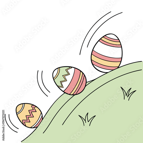 Decorated easter eggs rolling down a grassy hill with three colorful, patterned easter eggs tumble down a stylized green hill, a playful scene depicting