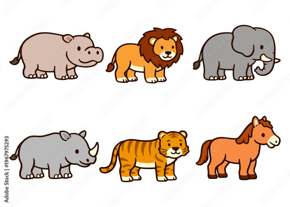 Fototapeta premium Collection of Six Different Cartoon Animals including Lion, Elephant, and Horse