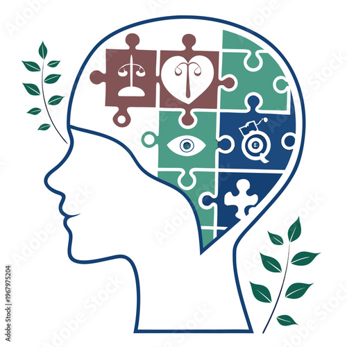 Human head silhouette filled with puzzle pieces and symbols with symbolizes thoughts, ideas, intellect, and the complexity of the human mind, problem solvi