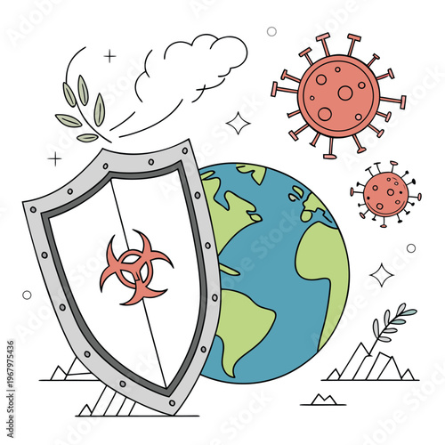 Global pandemic protection shield and virus graphics
