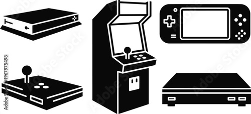 Game consoles and arcade machines icon set with game console with video games