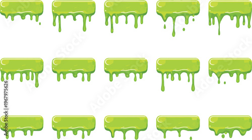 Cartoon green slime dripping bars in various lengths and patterns on transparent background for graphic design



