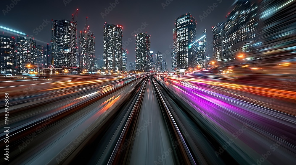 Obraz premium High-speed light streaks with purple and blue tones on dark cityscape background, motion-blurred night road lights and futuristic tech concept, wide-angle vector illustration with high resolution and 