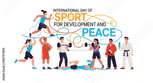 Illustration of diverse people engaging in various sports for International Day of Sport for Development and Peace, promoting unity and global awareness with colorful design elements.