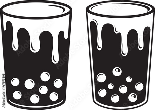 Silhouette bubble tea drinks with dripping cream icon illustration.