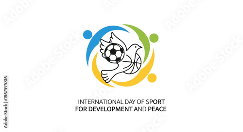 Illustration of a soccer player kicking a ball in a circular design for International Day of Sport for Development and Peace with colorful swooshes on a white background.