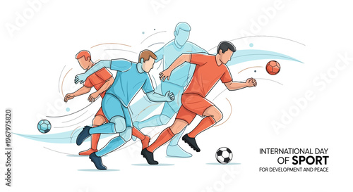 Illustration of diverse athletes playing soccer on International Day of Sport for Development and Peace, promoting unity through sports with a vibrant and dynamic composition.