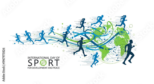 Illustration of diverse people running around a green globe on International Day of Sport for Development and Peace, promoting unity through sports with a vibrant design.