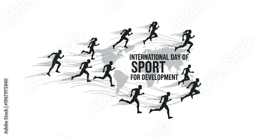 Illustration of diverse people running together for International Day of Sport for Development and Peace, promoting unity through sports with a gray world map background.