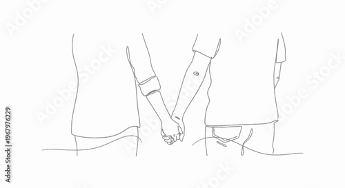Continuous Line Drawing of Couple Holding Hands from Behind, Minimalist Vector Illustration for Love and Partnership Concepts