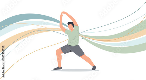 Man Stretching and Practicing Yoga Exercise Against Abstract Background, Health and Wellness Vector Illustration