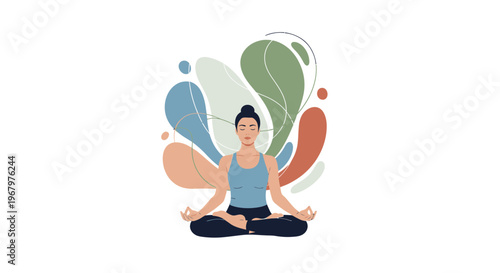 Woman practicing yoga and meditation in lotus pose with abstract organic shapes background, concept of mindfulness and mental health