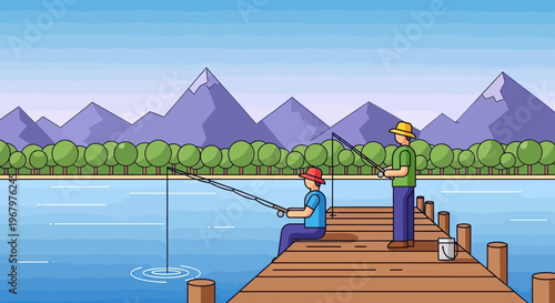 Two Fishermen Enjoying a Peaceful Day Fishing from a Wooden Pier at a Mountain Lake, Flat Vector Illustration