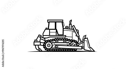 Vector line art illustration of a heavy duty bulldozer, industrial earthmoving construction equipment icon on white background