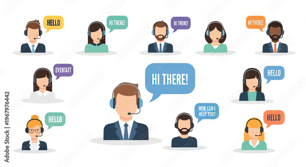 © Thiga.project - Set of Diverse Customer Service Agent Avatars with Headsets and Speech Bubbles for Call Center Support and Help Desk Communication