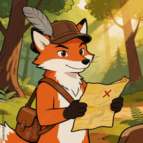 Adventurous Cartoon Fox Explorer Holding Treasure Map in Sunlit Forest Illustration