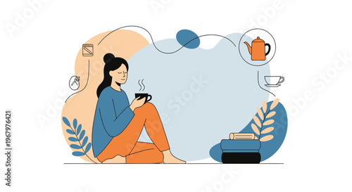 Woman relaxing at home with a hot cup of tea, cozy lifestyle vector illustration for wellness and self-care concept