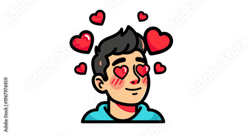Vector Illustration of a Young Man in Love with Red Heart Eyes and Floating Hearts