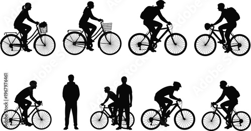 Black silhouettes of diverse people riding bicycles, male and female cyclists with backpacks and baskets, eco-friendly transportation and active lifestyle vector set on white