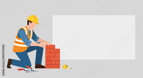 Professional Bricklayer or Construction Worker Building a Red Brick Wall with Copy Space and Tools on a Minimalist Background