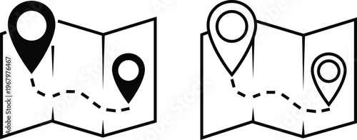 Map and location icons set in flat, line styles. Mapping vectors. Geolocation map path distance. GPS cartography position. Pinpoint, map search, route and navigator isolated on transparent background.