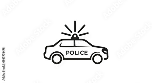Minimalist Police Car Vector Icon with Flashing Emergency Siren Light Isolated on White Background