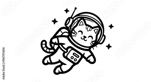 Cute Cat Astronaut Floating in Outer Space, Black and White Vector Line Art for Kids Coloring Page