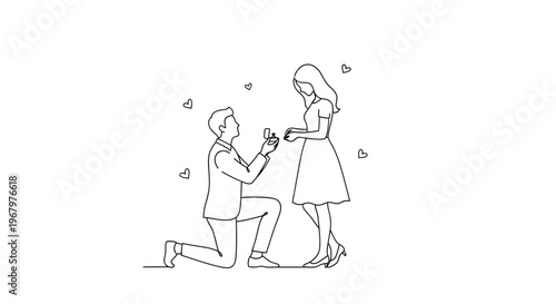 Man Kneeling and Proposing to Woman with Engagement Ring Minimalist Line Art Vector Illustration
