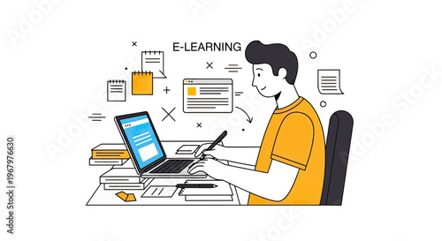 Young man studying online with laptop and books, E-learning concept vector illustration for digital education and home schooling