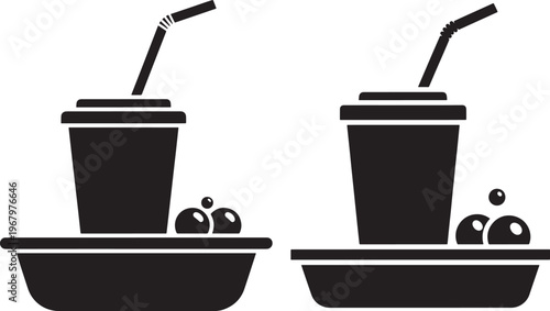 Black silhouette icon of two drinks with straws.