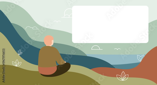 Minimalist Vector Illustration of a Person Sitting Peacefully in a Nature Landscape with a Large Blank Copy Space Frame for Message or Text