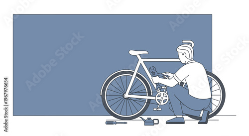 Bicycle Mechanic Repairing Bike with Tools Minimalist Line Art Vector Illustration