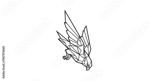 Geometric Low Poly Falcon Bird Illustration Diving in Flight, Black Linear Raptor Vector Design