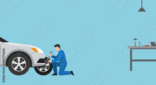 Professional Auto Mechanic in Uniform Repairing a Car Wheel with a Wrench in a Garage Service Workshop Illustration
