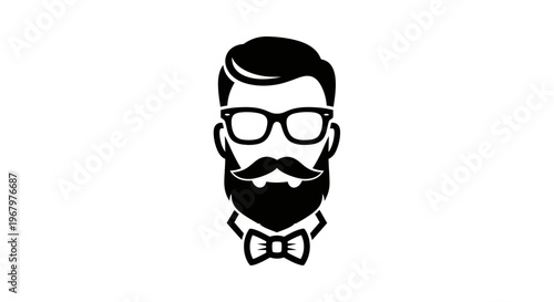 Stylish Hipster Man Avatar Vector Icon with Beard, Mustache, Glasses, and Bow Tie