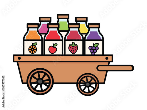 Wooden cart carrying organic fruit juice bottles with fruit labels vector illustration set