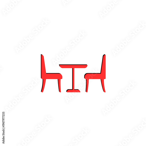 Red minimalist icon of a round table with two chairs. Symmetrical furniture vector for meeting rooms, outdoor cafes, and interior design planning.